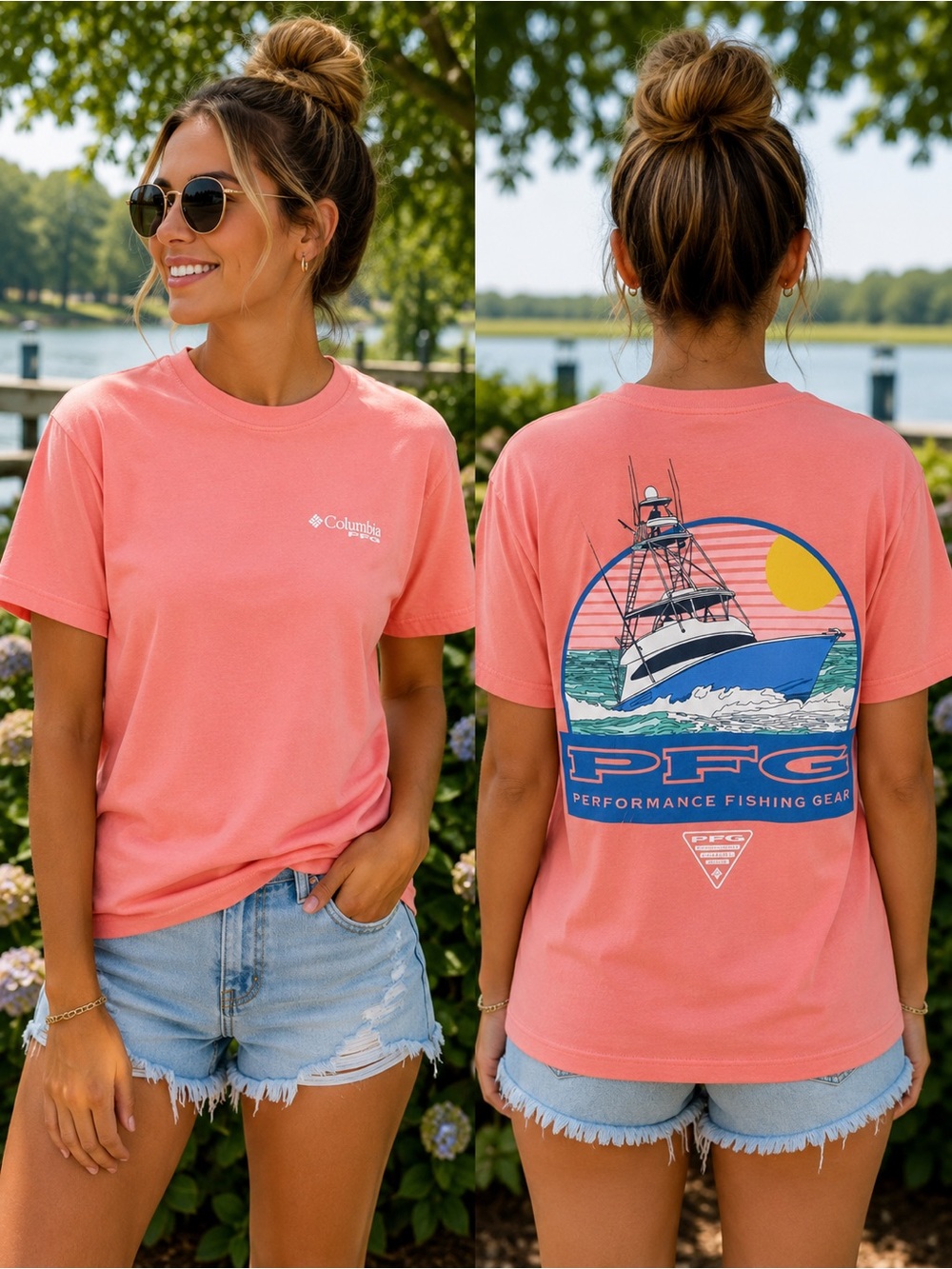Columbia PFG Offshore Boat Graphic Tee Coral Pink NWOT Women’s Large